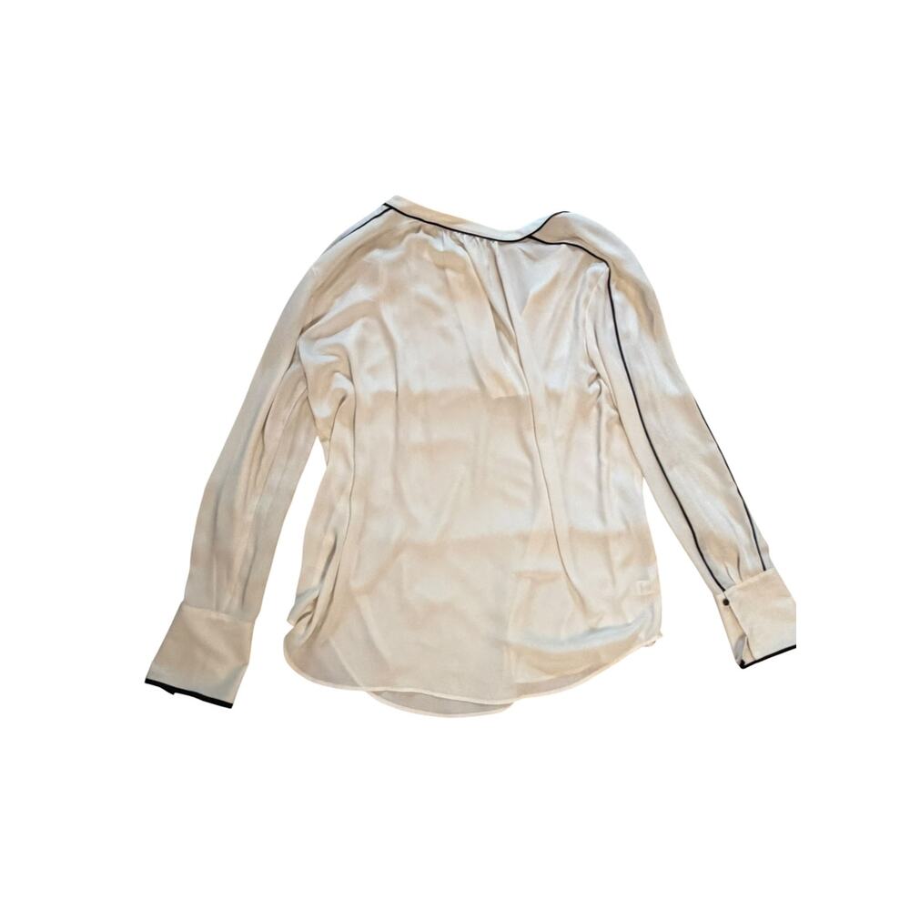 LOFT Cream Blouse | Black Piping | V-Neck | Wide Cuff | Sheer | Size L - Picture 5 of 6